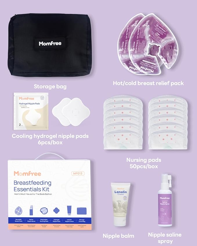 Breastfeeding Essentials Kit for Nursing Moms Nipple Relief,60 Piece Gift Set with Reusable Hot and Cold Breast Therapy Packs/Hydrogel Nipple Pads/Lanolin Nipple cream/Nursing Pads/Nipple Saline Spray