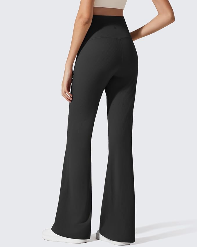 G4Free Ribbed Maternity Flare Yoga Pants with Pockets Over The Belly Pregnancy Bell Bottom Leggings