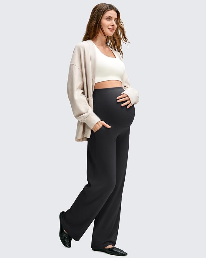 G4Free BareFeel Maternity Dress Yoga Pants with Pockets Over The Belly Stretchy Work Slack Pregnancy Wide Leg Casual Trousers