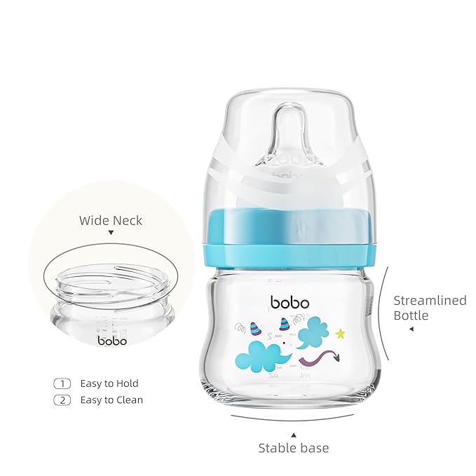 YOHKOH Glass Baby Bottles with Slow Flow Nipple, Newborn Anti-Colic Baby Bottles for 0+ Months, Wide Neck Feeding Bottle, Clear (Multicolour, 2.7oz (Pack of 4))