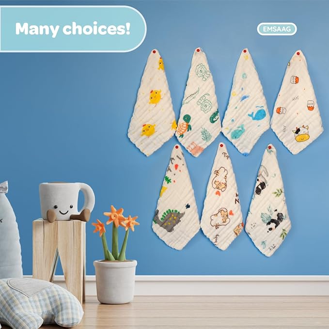 Gift Boxed Animal Pattern Baby Washcloths Pack of 7 - Absorbent Bath and Face Towels, Soft Sweat Cloths for Newborn 100% Cotton Baby Wipes, Burp Cloths for Babies and Infants