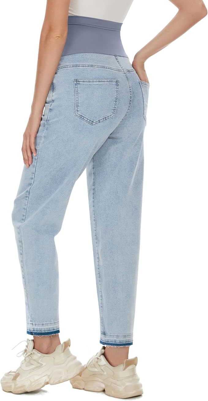 POSHGLAM Women's Maternity Jeans Over Belly Comfy Stretch 28'' Boyfriend Jeans Loose Pregnancy Pants, S-XXL