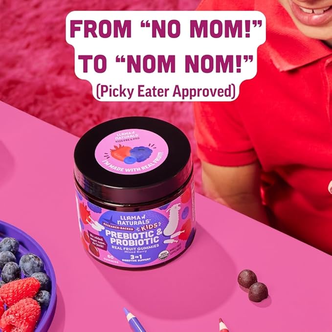Llama Naturals Kids Probiotic with Prebiotic Fiber, Vegan, Organic Prebiotics and Probiotics Gummies for Gut Health Support, Toddler Real Fruit Gummy Vitamins, No Added Sugar Cane, Mixed Berry, 60 Ct