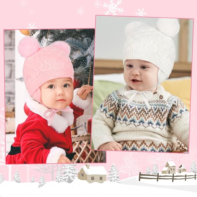 Labeol Baby Hats,Soft Warm Winter Knit Baby Beanie Hat with Earflap,Cute Pom-pom Ears Fall Winter Caps for Toddler Girls Boys