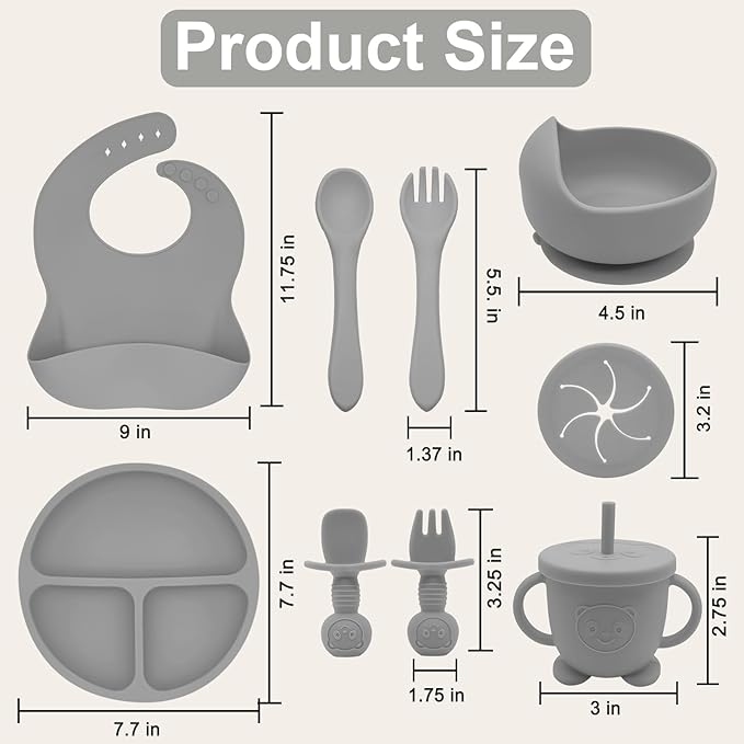 Silicone Baby Feeding Set | Baby Led Weaning Supplies Includes Suction Bowls and Divided Plates, Adjustable Bib, Baby Utensils Spoons and Forks,Cup | Baby Feeding Essentials (Grey)