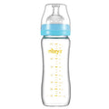Matyz 8 Ounce Glass Baby Feeding Bottle with Nipple, Light and Slim, Easy to Hold, Food Grade Borosilicate Glass, Wide Neck Breastmilk Feeding Bottle, Easy to Clean, No BPA (Blue Lids)