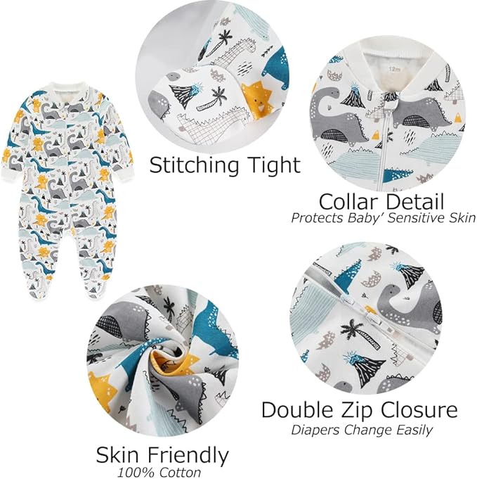 Newborn Baby 2-way Zipper Romper Cotton One-piece Jumsuit 3-pack, 0-24 Months
