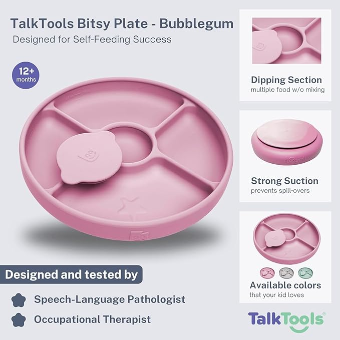 Talktools Bitsy Feeding Kid's Essentials Plate Set – Toddler Utensils, Spoon and Fork, Plate Lid, Perfect for Mealtime – Strong Suction Toddler Plates with 4 Compartments (Set-Bubblegum)