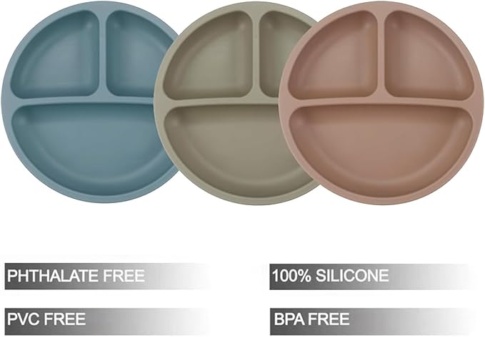 PandaEar Baby Feeding Set, 3 Pack Toddler Plates with 3 Spoons, 100% Silicone Divided Suction Plate for Babies, BPA-Free, Dishwasher and Microwave Safe -Blue/Red/Brown