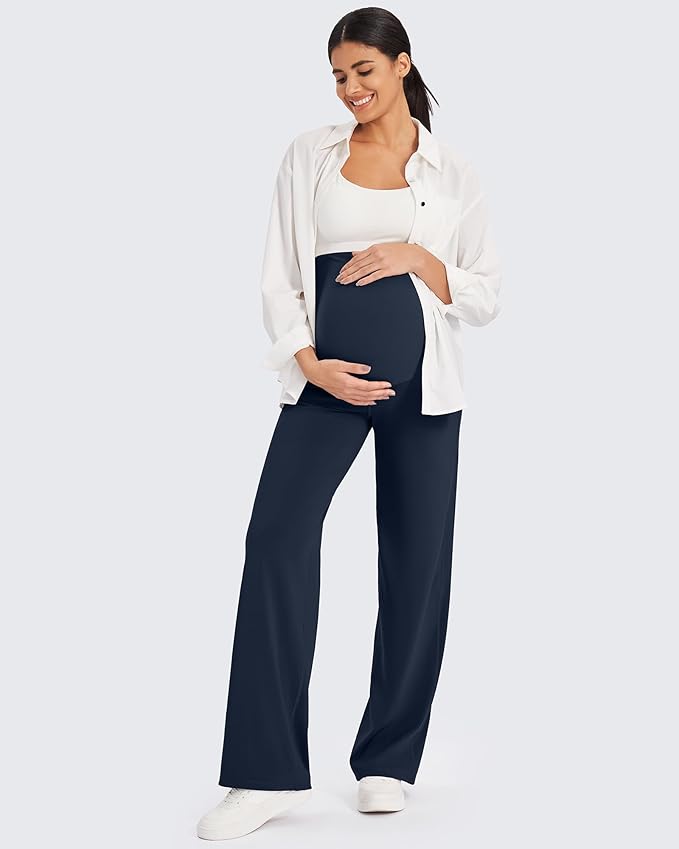 G4Free Maternity Pants Over The Belly Yoga Dress Work Pregnancy Pants Stretchy Lounge Wide Leg Trousers with Pockets