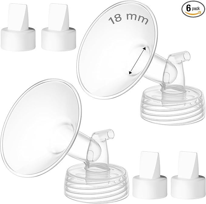 6PCS 18mm Breast Pump Flanges, Duckbill Valves Compatible with Spectra S1/S2/9Plus/Synergy Gold, Motif Luna, Wide-Mouth Bottle Fit, Breast Pump Accessories