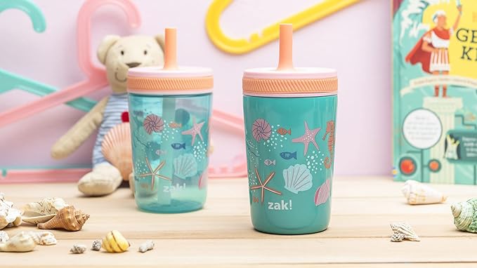 Zak Designs Shells Kelso Tumbler Set, Leak-Proof Screw-On Lid with Straw, Bundle for Kids Includes Plastic and Stainless Steel Cups with Bonus Sipper (3pc Set, Non-BPA) (Pack of 12)