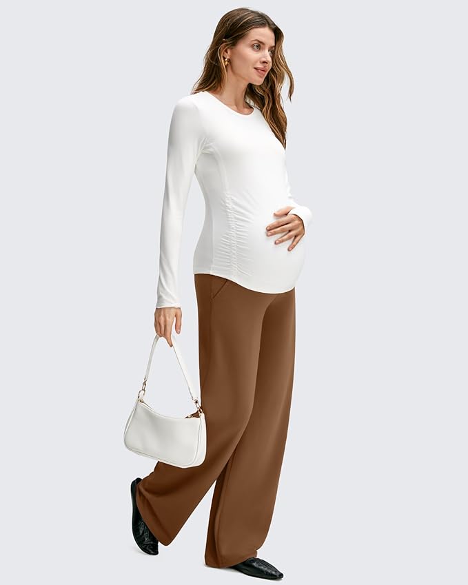 G4Free BareFeel Maternity Dress Yoga Pants with Pockets Over The Belly Stretchy Work Slack Pregnancy Wide Leg Casual Trousers