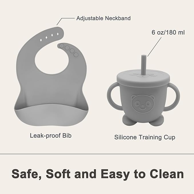 Silicone Baby Feeding Set | Baby Led Weaning Supplies Includes Suction Bowls and Divided Plates, Adjustable Bib, Baby Utensils Spoons and Forks,Cup | Baby Feeding Essentials (Grey)