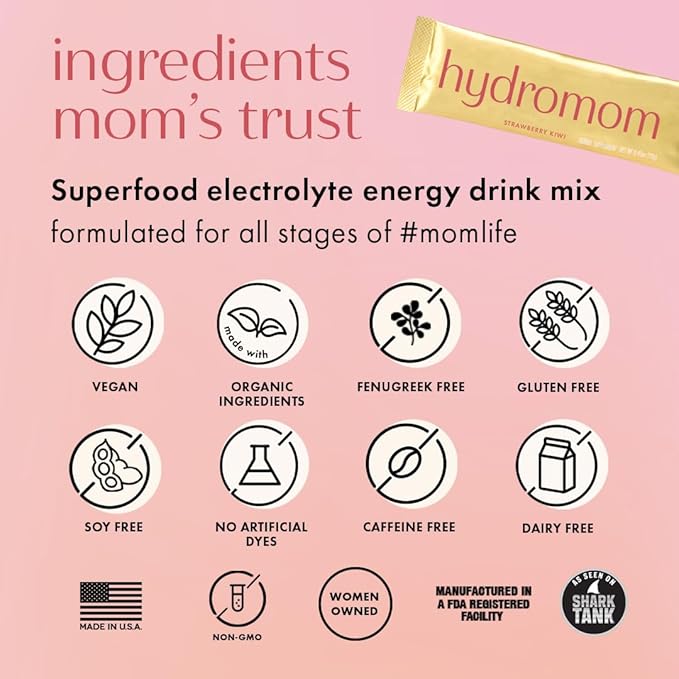 Boobie Hydromom Superfood Electrolyte Drink Mix, Strawberry Kiwi | Refreshing Energy & Hydration Boost for Mamas | On-The-Go & Travel Essentials for Pregnancy, Lactation, & Beyond, 15 Packets