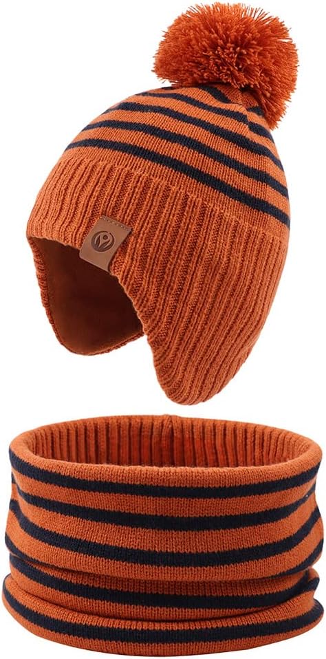 JANGANNSA Knitted Baby Hat Scarf Set Winter Warm Boys Girls Beanie Fleece Lining Toddler Kids Hats with Pompom