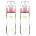 Matyz Glass Breastmilk Baby Feeding Bottle with Nipple, 2 Pack, 8 oz Slim and Light Bottle Easy to Hold, Food Grade Borosilicate Glass, Wide Neck Easy to Clean, No BPA (Pink Lids)