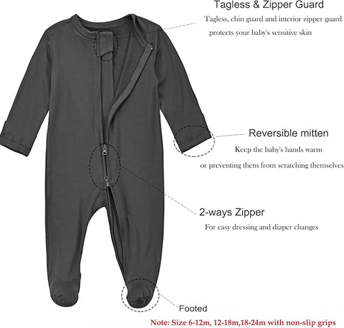 Aablexema Baby Zipper Pajamas Bamboo Rayon, 3pcs Unisex Infant Onesie with Mitten Long Sleeve Footed Pjs