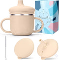 BUSOHA Stainless Steel Sippy Cups - 3 IN 1 Silicone Sippy Cup for Toddlers Baby Straw Cup with Brush Kids Cups with Lid and Silicon Straw Anti-Drop Spill Proof Cups for Travel,8 oz, Beige
