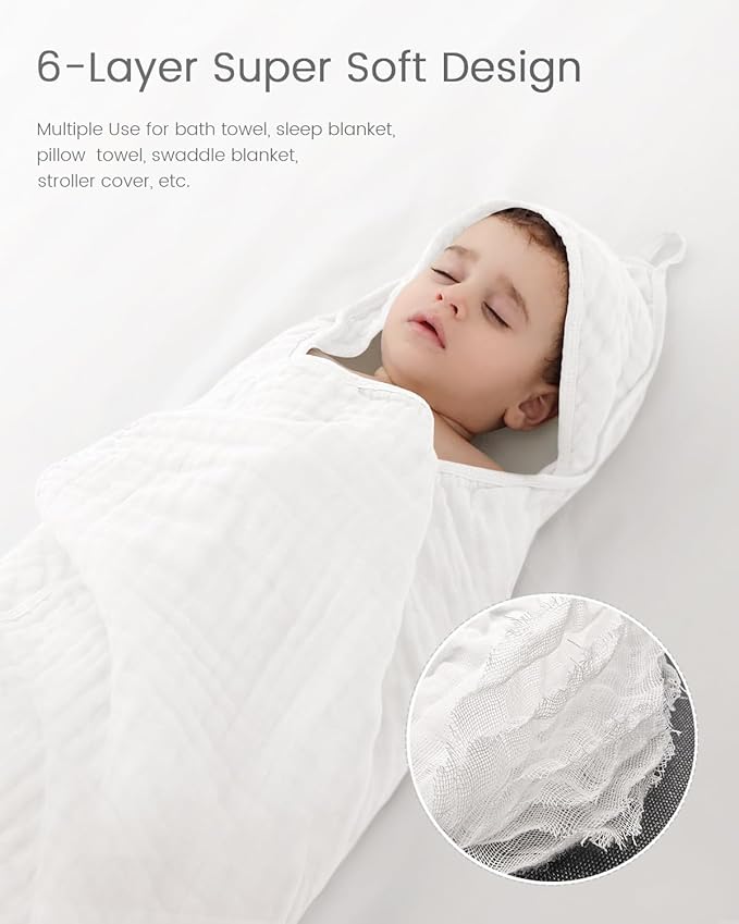 Newborn Hooded Baby Towels, 35x35 Inch 2 Pack 100% Muslin Cotton Baby Bath Towel, Soft Baby Beach Towels with Hood for Infants, Toddlers and Kids, (White + Beige)