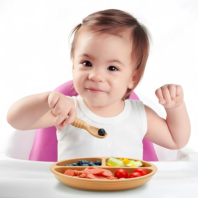 PandaEar 3 Pack Toddler Plates with 3 Spoons, 100% Silicone Divided Suction Plate for Babies, BPA-Free, Dishwasher and Microwave Safe -Pink/Brown/Brick red