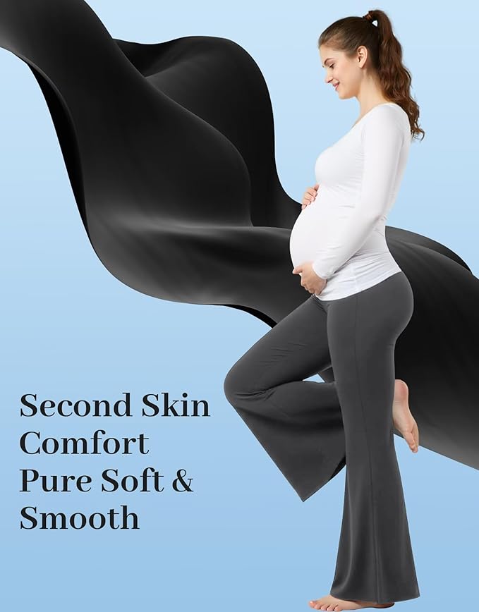 Fotociti Maternity Flare Leggings with Pockets, Women’s Soft Pregnancy Pants Over The Belly For Yoga Workout Active