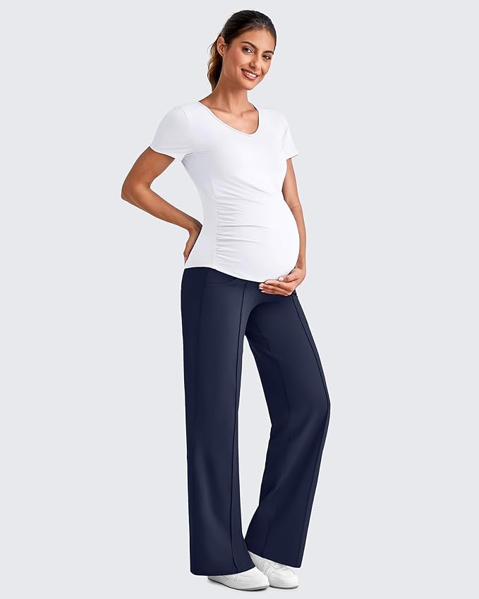 G4Free Maternity Dress Yoga Pants with Pockets Over The Belly Stretchy Work Slack Pregnancy Wide Leg Lounge Trousers