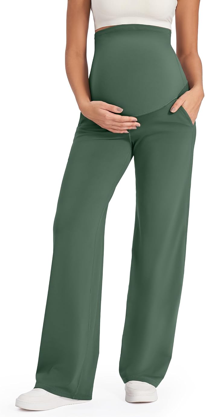 G4Free Maternity Pants Over The Belly Yoga Dress Work Pregnancy Pants Stretchy Lounge Wide Leg Trousers with Pockets