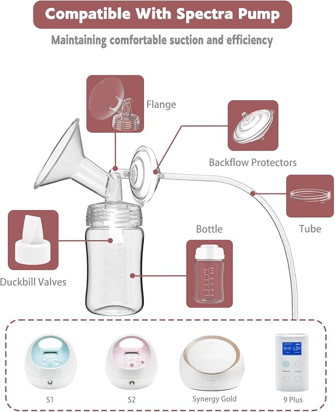 4packs 18mm Full Breast Replacement Pump Parts for Spectra S1 S2 9 Plus Synergy Gold Include 13mm Flange,Valve,Backflow Protector,Tube,Bottle,Caps, Fit for Motif Luna Cimilre Ameda MYA Pump