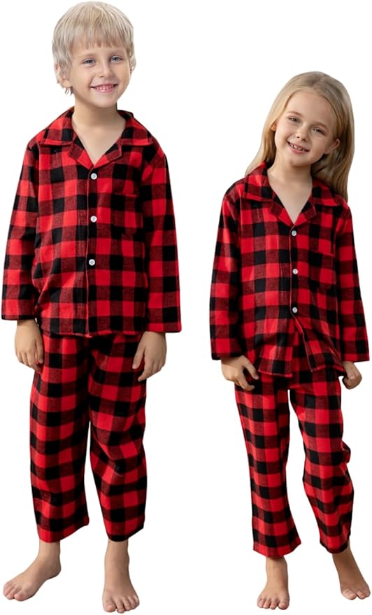 Schbbbta Kids Pajamas Set, Plaid Button Down Pjs for Girls & Boys, 9 Months - 14 Years