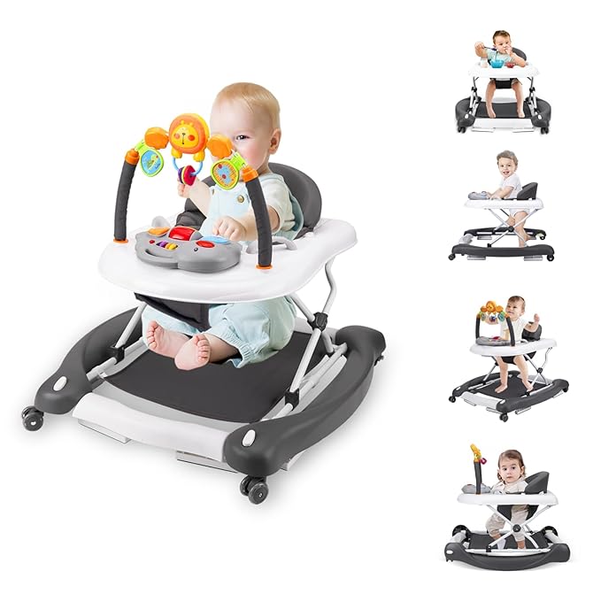 Baby Walker, 5-in-1 Baby Walkers for Boys and Girls 6-12 Months with Bouncer, Removable Footrest, Feeding Tray & Music, Foldable & Adjustable Activity Walker for 6-18 Months Toddler Infant