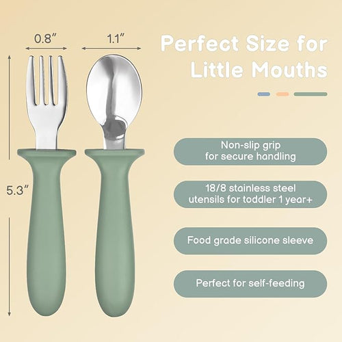6 Pack Toddler Utensils, kids Silverware with Silicone Handle, 18/8 Stainless Steel Children Safe Spoons and Forks Set Baby Feeding Essentials, Dishwasher Safe