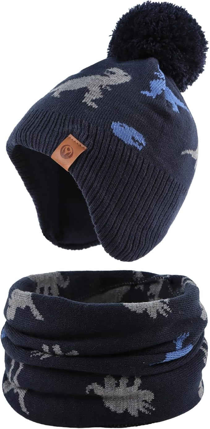 JANGANNSA Knitted Baby Hat Scarf Set Winter Warm Boys Girls Beanie Fleece Lining Toddler Kids Hats with Pompom