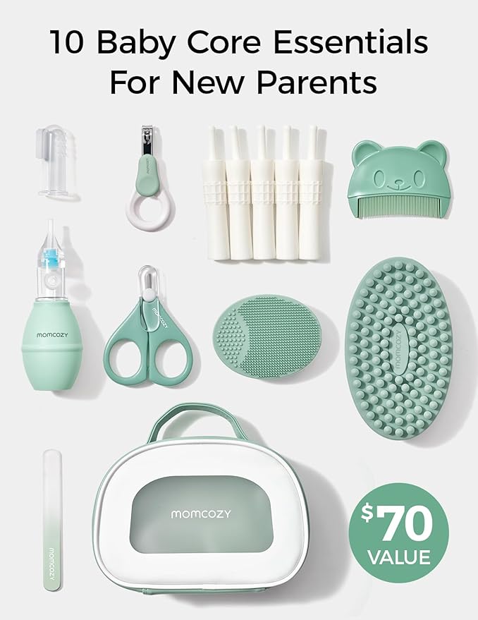 Momcozy Core Baby Kit, Baby Shower & Registry Essential Kit for Grooming&Health&Cleansing Care, Includes Nail File Kits, Nasal Aspirator, Gas Relief Tubes, Bath Brushes, Toothbrush, Comb, Storage Case