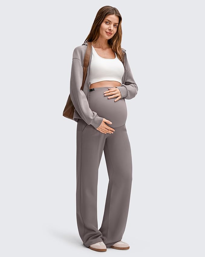 G4Free EverGoing Fleece Lined Maternity Wide Leg Pants Over The Belly Pregnancy Trousers with Pockets