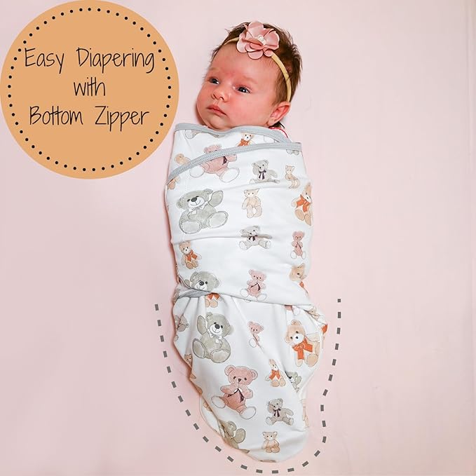 LollyBanks Baby Swaddles, 100% Organic Cotton Sleep Swaddle Sacks 0-3 Months, Newborn Swaddles with Easy Change Zipper, Swaddle Blanket Wrap, Baby Registry Must Haves (Teddy Bear Print)
