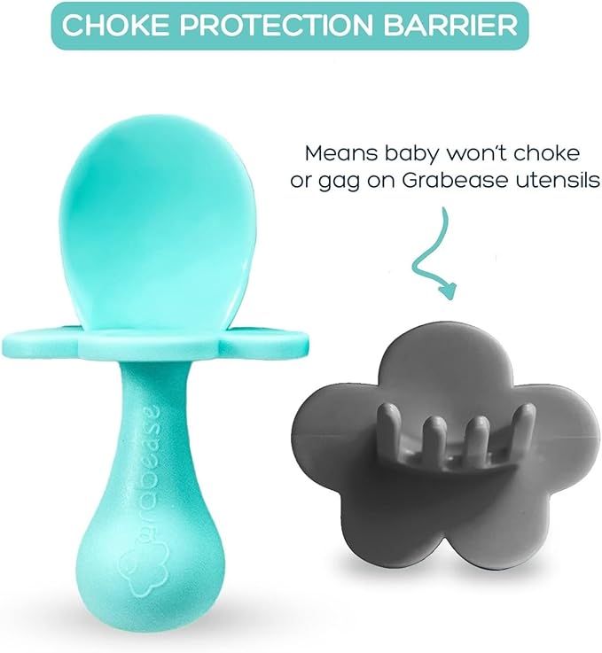 Grabease Silicone Baby Feeding Utensil Set - Self-Feeding Forks For Baby - Forks & Spoon, Ages 6-12 Months - Dishwasher-Safe Infant Spoon & Utensil - Teal & Gray, Pack of 2
