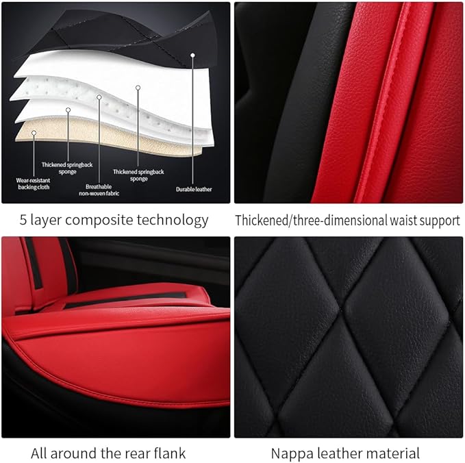 Leather Car Seat Covers for Volkswagen Atlas 2019-2023Waterproof,Breathable and Non-Slip Napa Leather Car Interior Seat Covers,Comfortable and Durable,Easy to Install(5PCS Comfort Black+Red