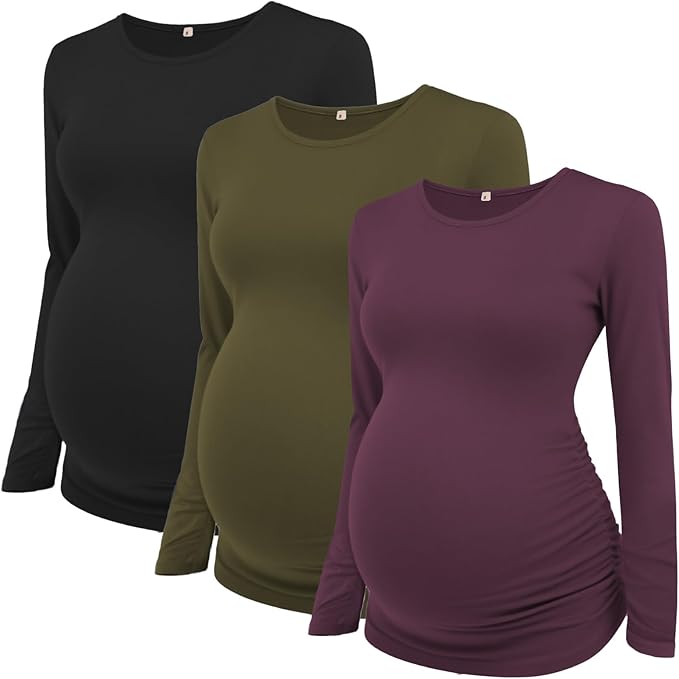 Ecavus Women's Maternity Shirts Long Sleeve Soft Stretchy Pregnancy Tops Side Ruched Casual Mama Clothes