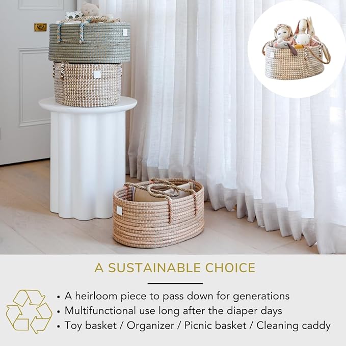 BEBE BASK Premium Light Blue Baby Diaper Caddy Organizer -Handmade - Seagrass Basket With Cotton Divider - Award-Winning & Luxury Diaper Caddy Basket - (Dove)