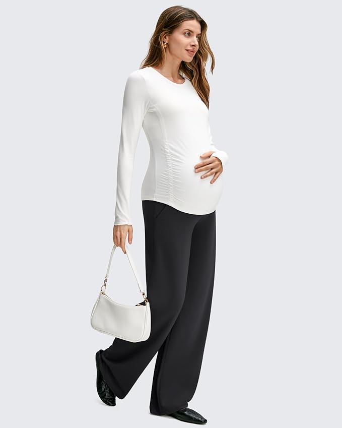 G4Free BareFeel Maternity Dress Yoga Pants with Pockets Over The Belly Stretchy Work Slack Pregnancy Wide Leg Casual Trousers