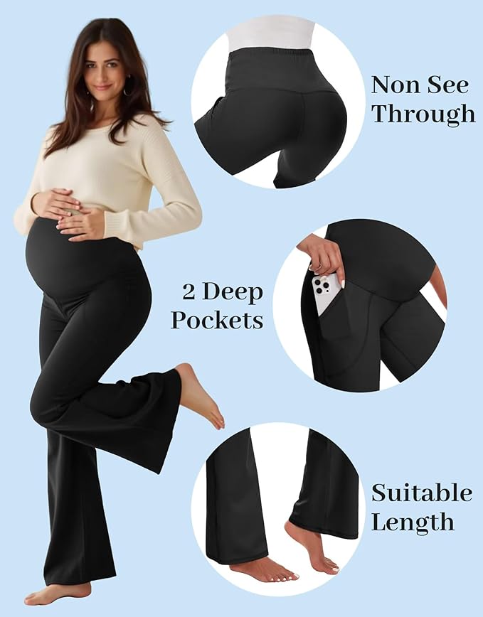 Fotociti Maternity Flare Leggings with Pockets, Women’s Soft Pregnancy Pants Over The Belly For Yoga Workout Active