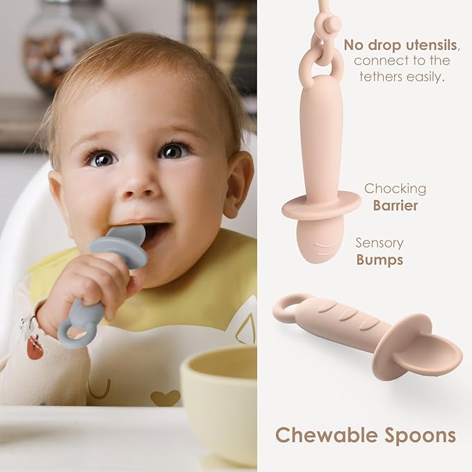 Andy Bear Silicone Plates for Babies with Suction Divided Baby Spoons Silicone Baby Toy Straps All-in-one Plates Silicone Placemat for Babies Toddlers Attachable Tethers & Built-in Suction Cups-Ivory