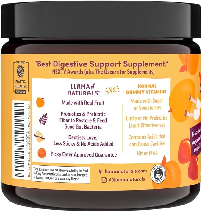 Llama Naturals Kids Probiotic with Prebiotic Fiber, Vegan, Organic Prebiotics and Probiotics Gummies for Gut Health Support, Toddler Real Fruit Gummy Vitamins, No Added Sugar Cane, Peach Mango, 60 Ct