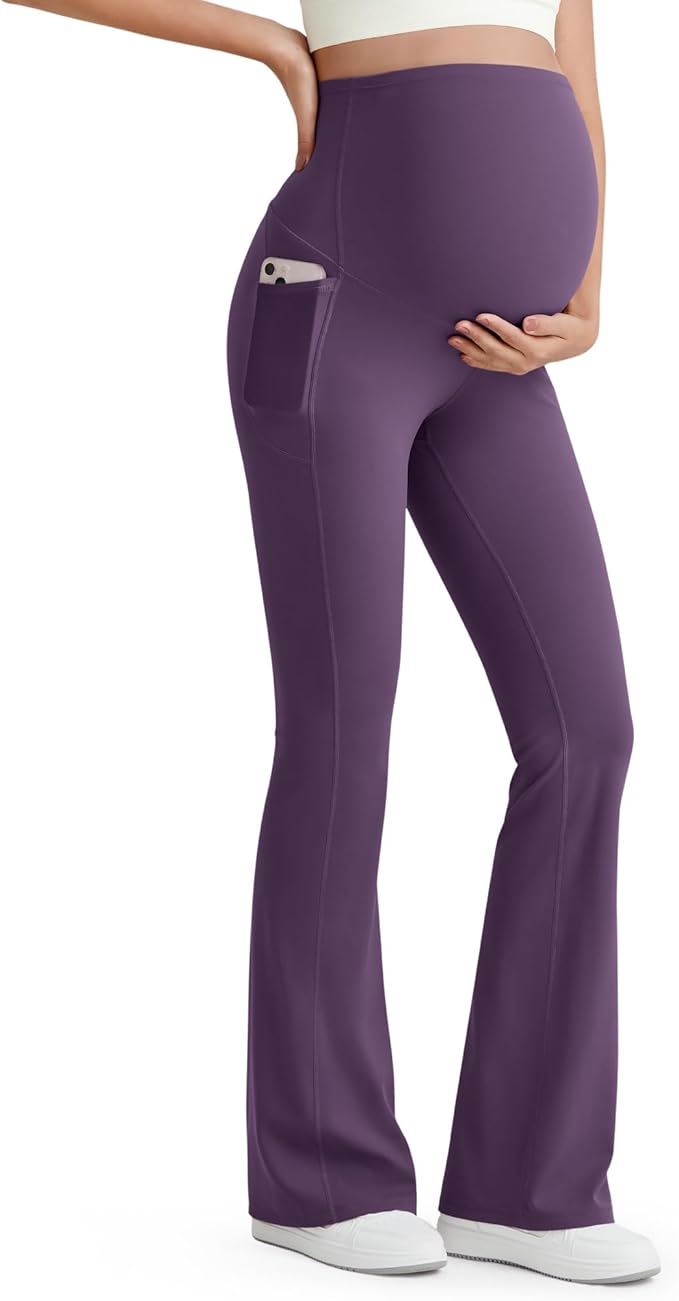 G4Free BareFeel Maternity Flare Leggings with Pockets Over The Belly Stretchy Casual Lounge Pregnancy Dress Pants for Work
