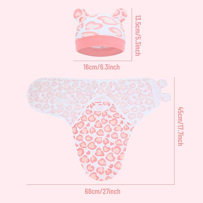 Cinaci 2 Pack Adjustable Soft Cotton Blend Newborn Baby Receiving Swaddle Blankets Sleep Sacks with Nursery Hats Caps Beanies Bonnets for Baby Girls Boys Newborns Infants