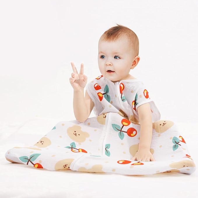 2 Pack Baby Sleep Sack 0-6 Months 100% Cotton Muslin Baby Sleeping Bag 2-Way Zipper Wearable Blankets (Flower & Cherry, Small)