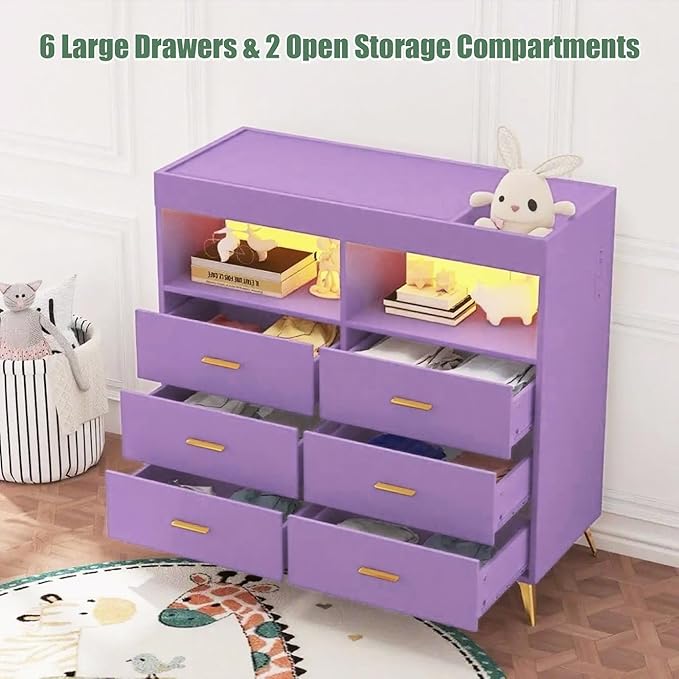 GarveeHome Dresser for Bedroom with 6 Drawers, Baby Changing Table Dresser with Changing Pad, LED Lights & Charging Station, Baby Changing Station with Changing Table Top