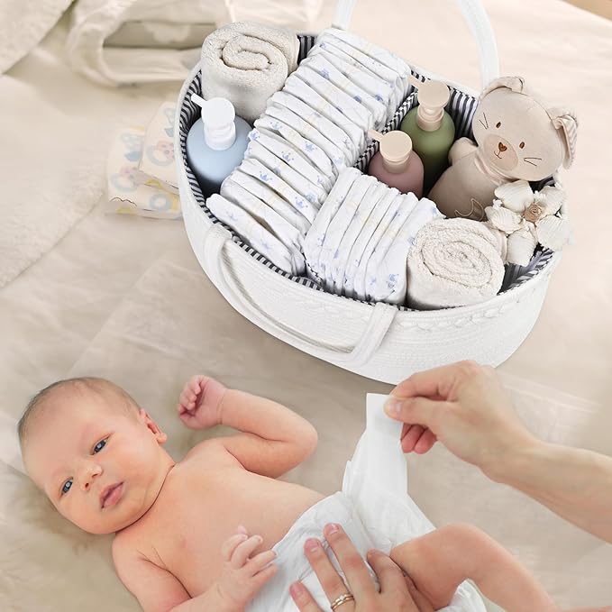 Baby Diaper Caddy Organizer, Cotton Rope Diaper Basket, Baby Basket for Changing Table, Nursery, Car, Changing Table Storage Bin With Removable Divider, Baby Shower Gifts for Newborn, Baby Essentials
