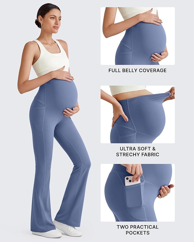 G4Free BareFeel Maternity Flare Leggings with Pockets Over The Belly Stretchy Casual Lounge Pregnancy Dress Pants for Work